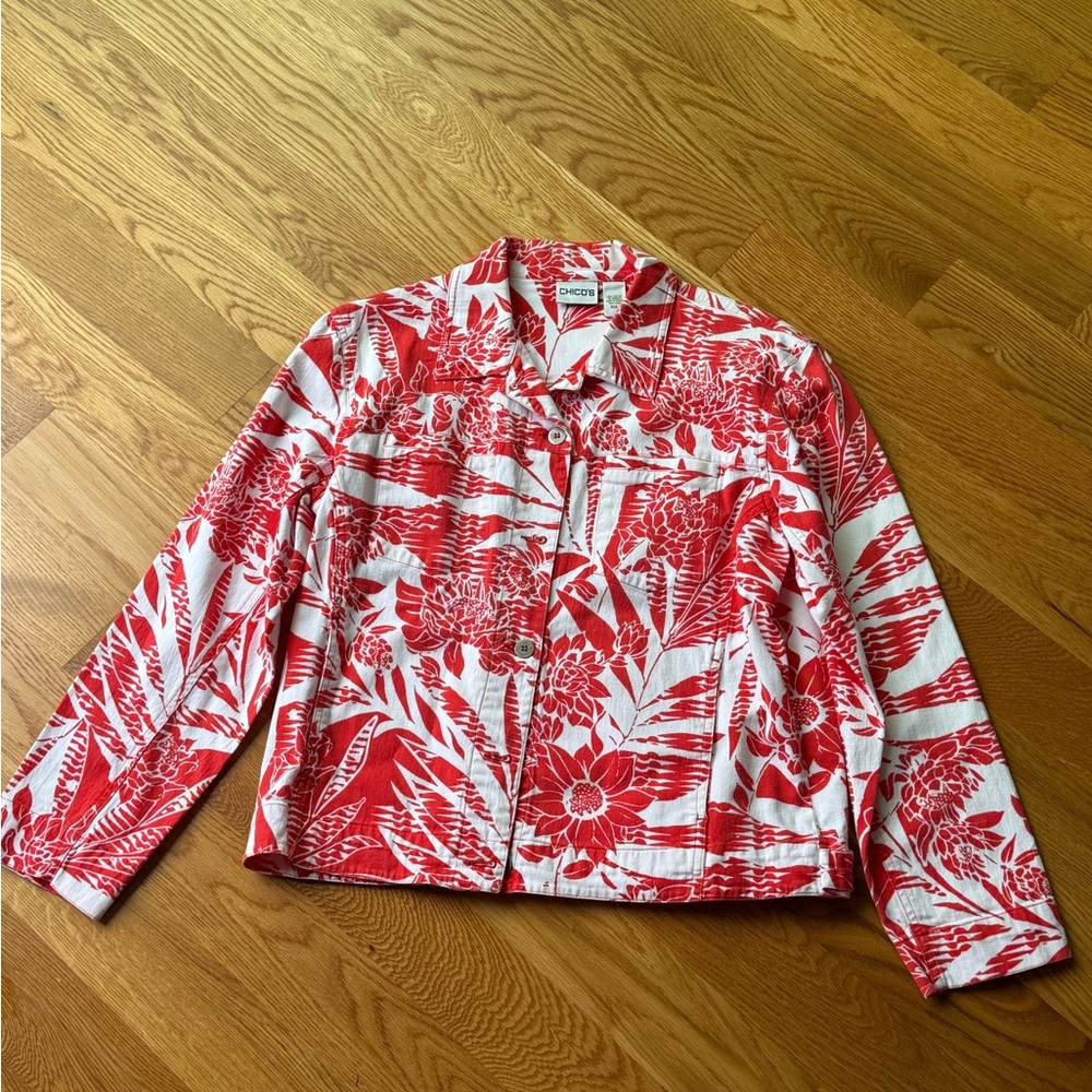 Chico's Red & White Floral Lightweight Jean Jacket